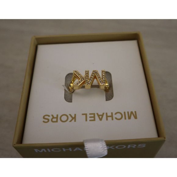 Michael Kors MKJX80277109 Women Sz 9 Gold Crystal Pavé MK Logo Fashion Ring - Picture 3 of 6
